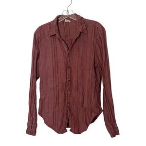 Cp Shades Linen Button Down Shirt Mauve Striped Long Sleeve Lagenlook - Medium